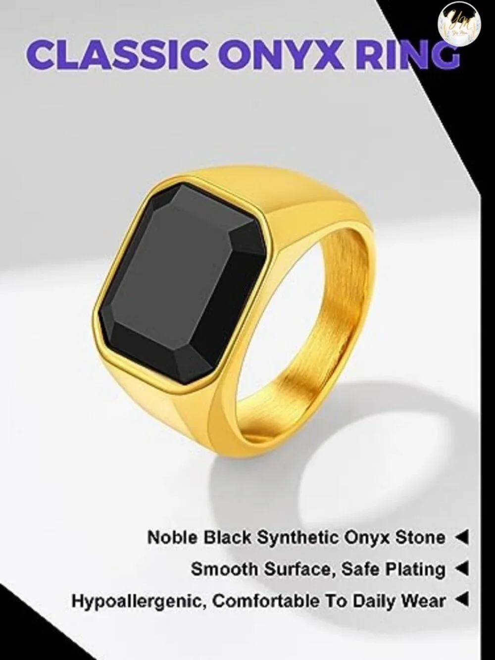Black Onyx Signet Ring Stainless Steel Men Women Vintage Waterproof